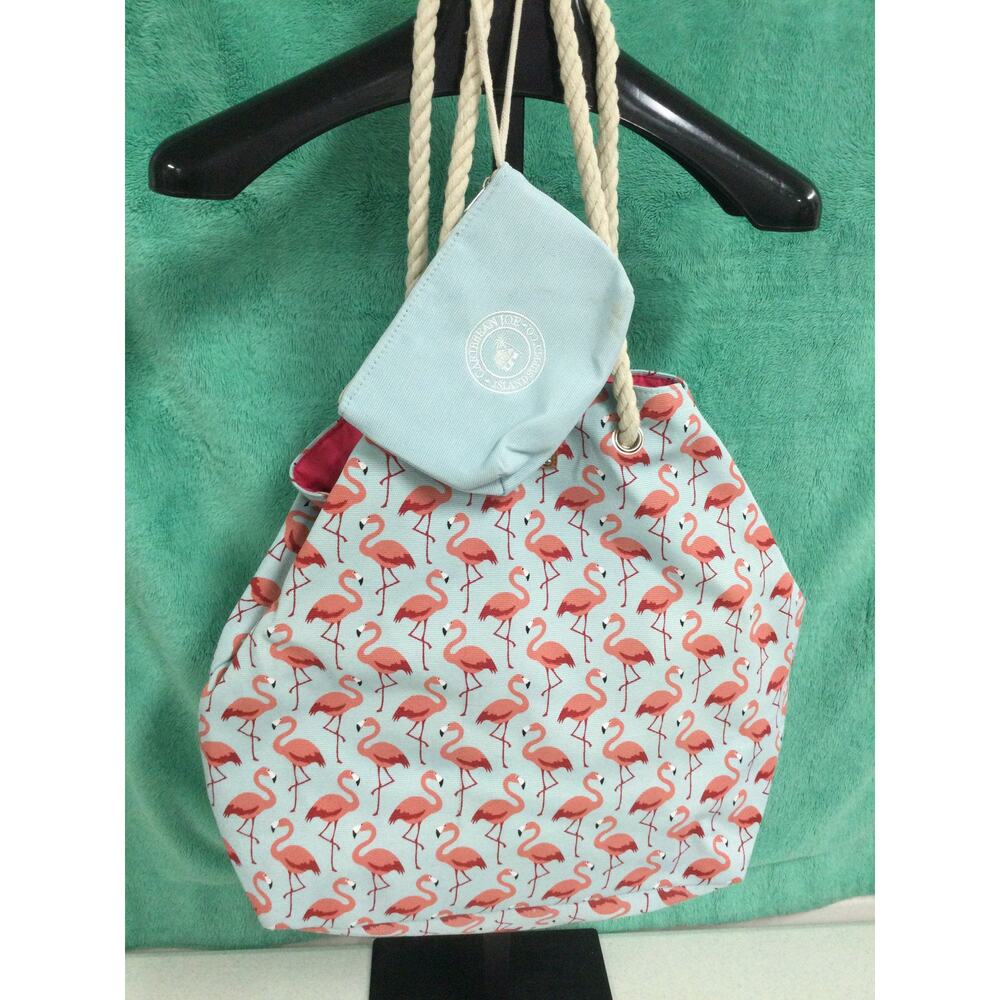 Caribbean Joe XL Canvas Flamingo Beach Bag and wristlet